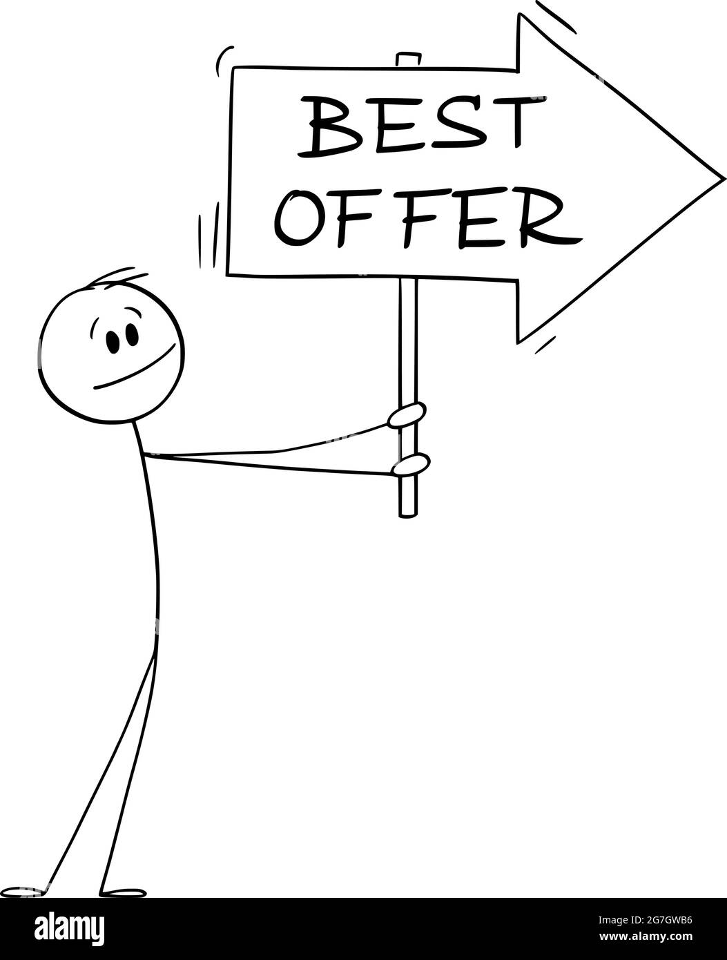 Person oder Geschäftsmann, der Best Offer Arrow Sign hält und auf etwas zeigt, Vektor-Cartoon-Stick-Abbildung Stock Vektor