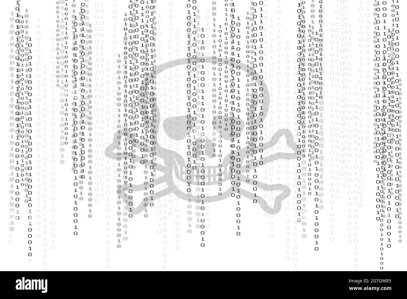 Binärer Code-Hintergrund mit Piratenschädel. Netzwerk-Software, Pirateriekonzept Stockfoto