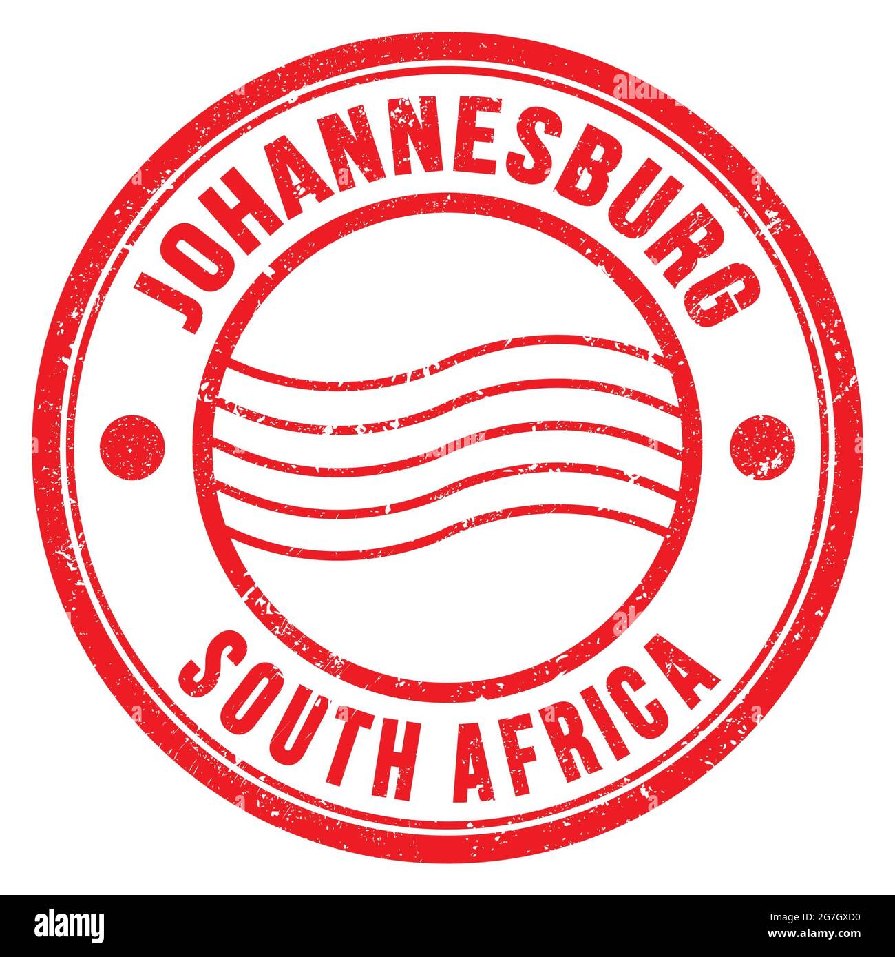 JOHANNESBURG - SÜDAFRIKA, Worte auf roter runder Briefmarke geschrieben Stockfoto