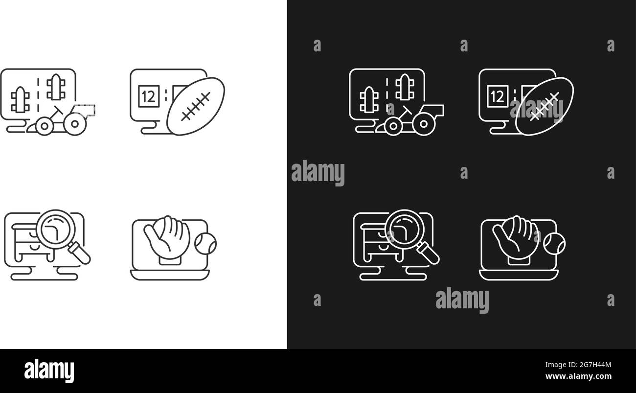 Sport-Simulatoren Typen lineare Symbole für den dunklen und hellen Modus eingestellt Stock Vektor