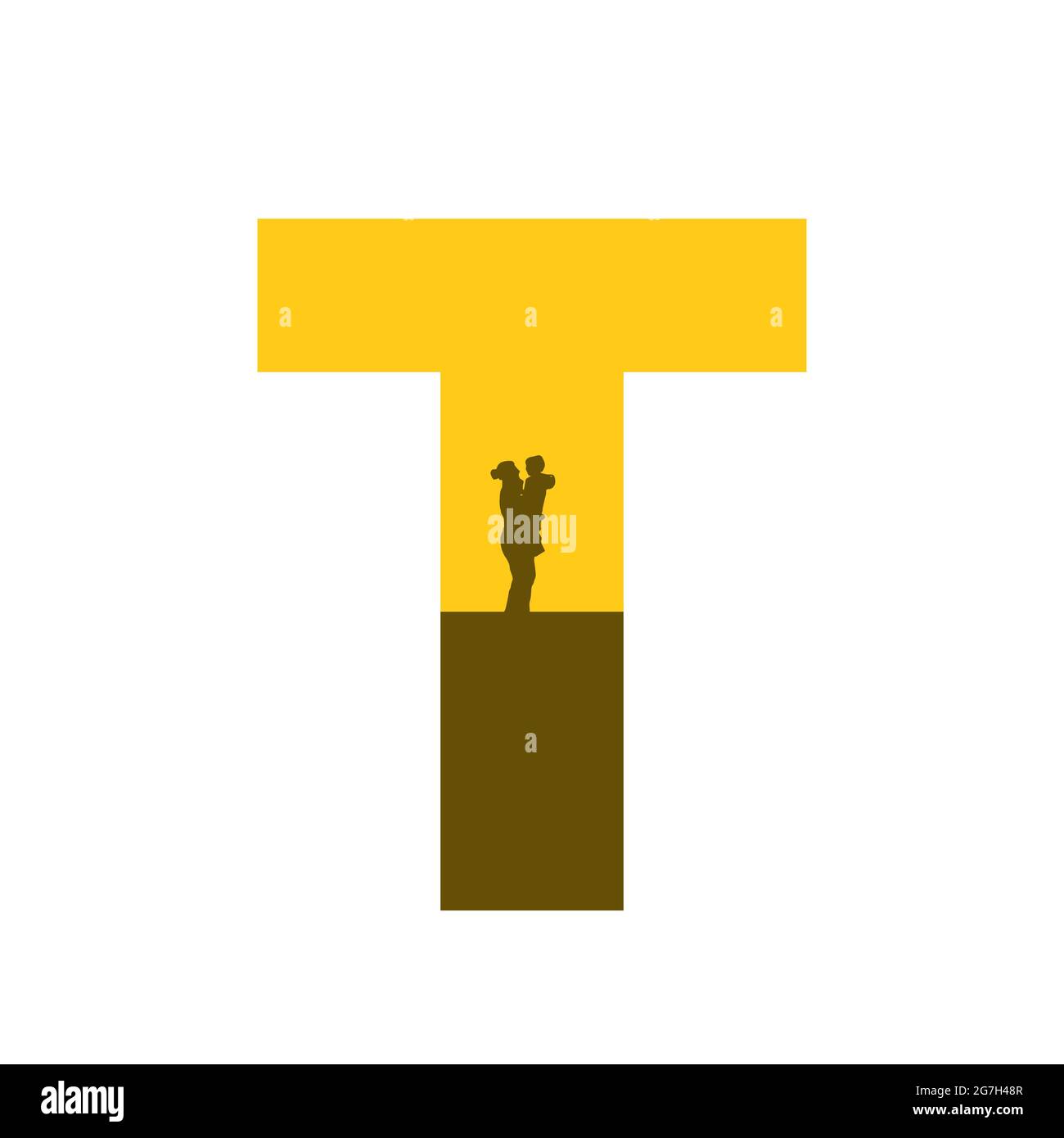 Buchstabe T des Alphabets mit einer Silhouette der Mutter mit Kind auf dem Arm, in der Farbe ocker und braun, isoliert auf weißem Hintergrund Stockfoto