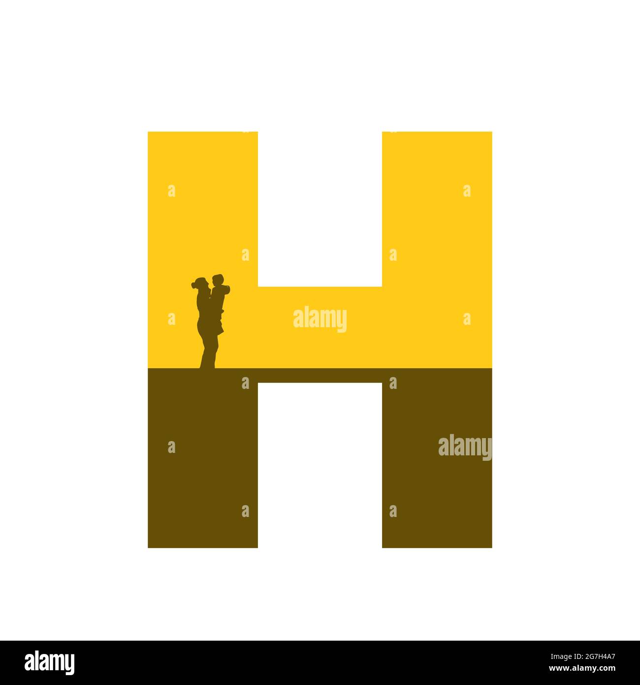 Buchstabe H des Alphabets mit einer Silhouette der Mutter mit Kind auf dem Arm, in der Farbe ocker und braun, isoliert auf weißem Hintergrund Stockfoto