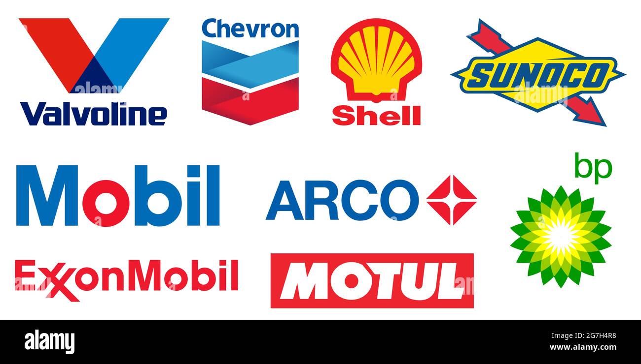 Vinnyzja, Ukraine - 14. Juli 2021. Logos der besten Kraftstoff- und Energieindustrie: Valvoline, Chevron, Shell, Sunoco, Mobil, Arco, British Petroleum, Exxo Stock Vektor