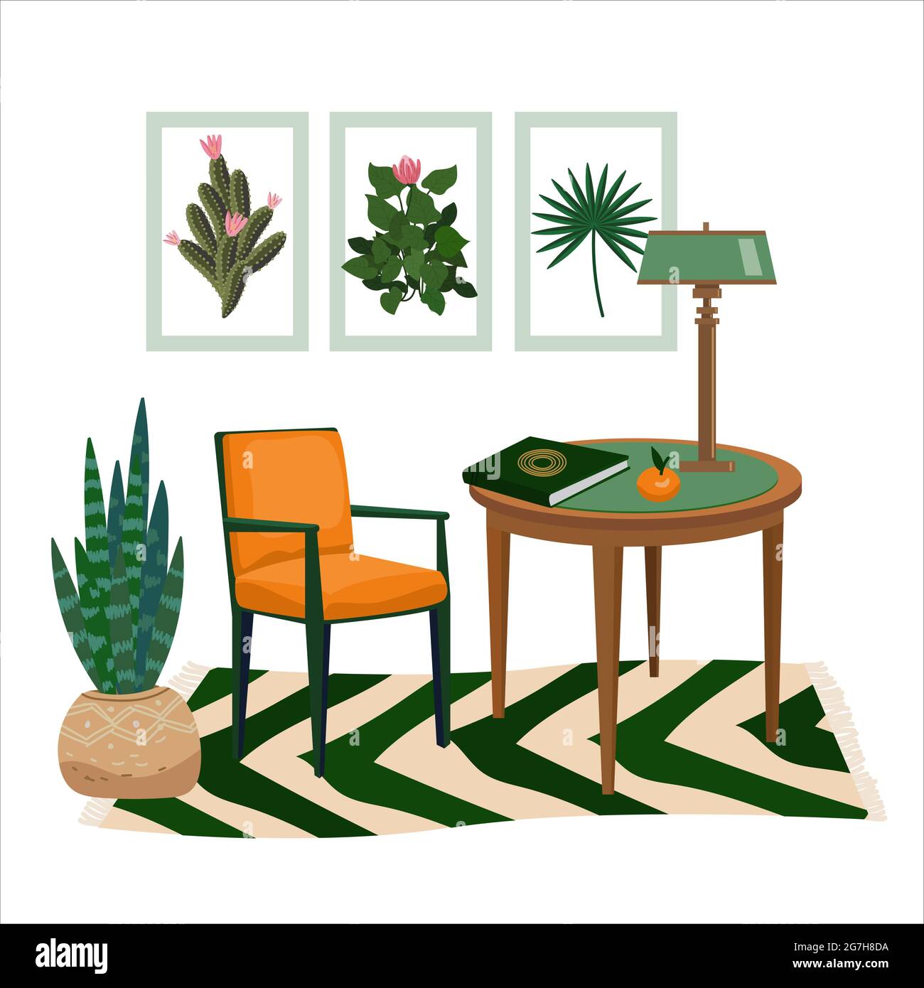 Der Innenraum des Arbeitsschranks im botanisch-grünen Stil. Vector Vintage gemütliches Zimmer mit Möbeln, Stuhl, Tisch, Zimmerpflanze, Teppich, Poster, Schreibtisch. Innen, Stock Vektor