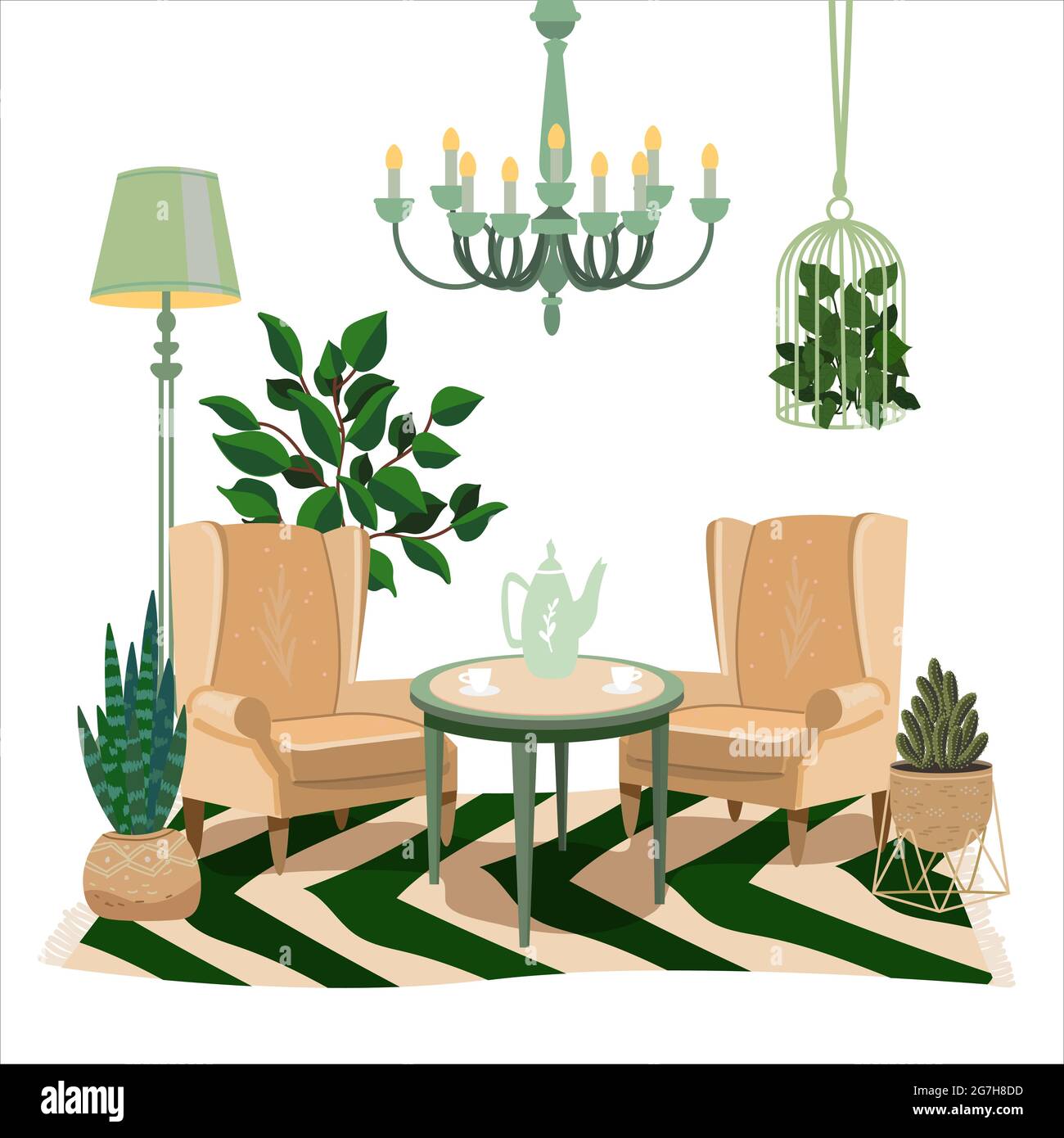Wohnzimmer Vintage-Interieur. Zwei bequeme Sessel in Pastell- und Grüntönen. Weiche Stühle im modernen Vintage-Stil. Hygge Lounge Place. Vect Stock Vektor