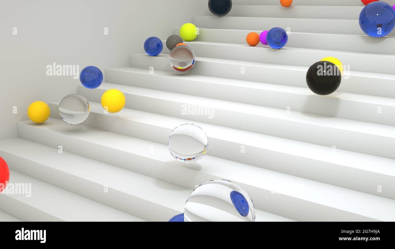 3d-Illustration, bunte Kugeln Rollen die Stufen hinunter. Bildschirmschoner für Werbung, dekoratives Design-Element. Stockfoto