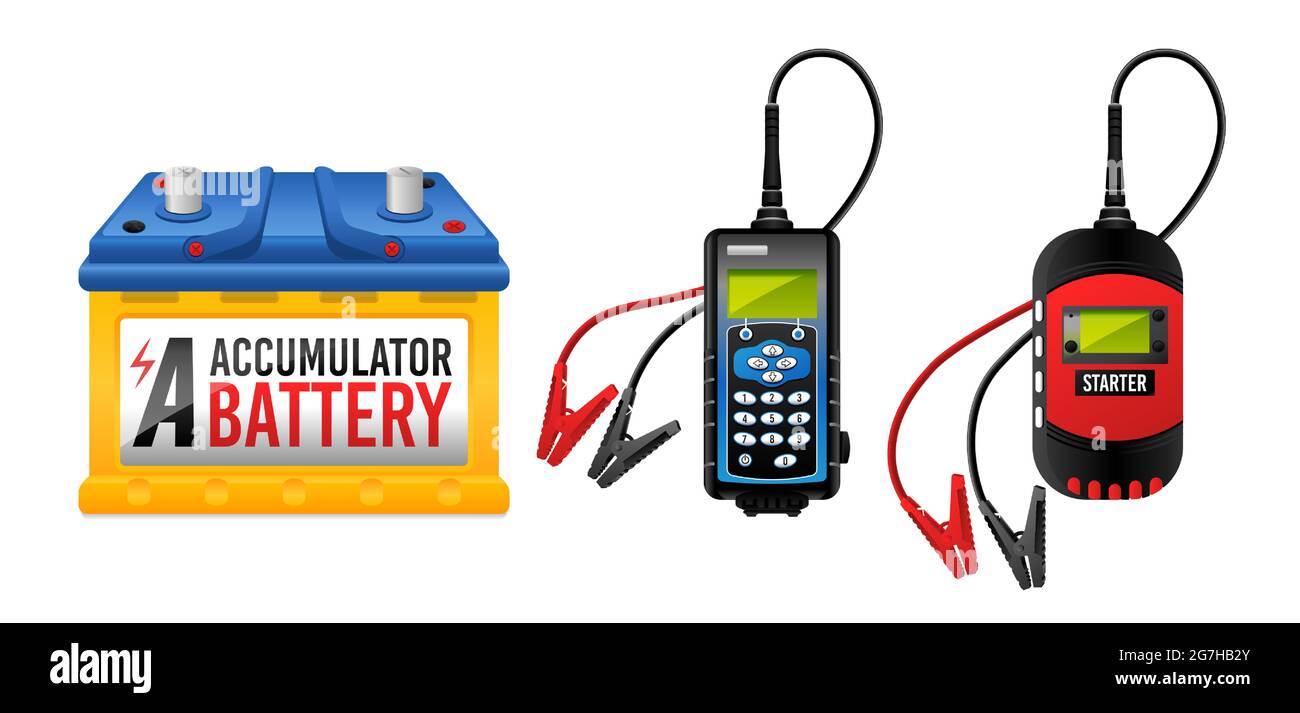 Autobatterie, Stromspeicher-Ladegerät, Batterieprüfer und Starter-Vektor-Abbildung isoliert auf weißem Hintergrund. Stock Vektor