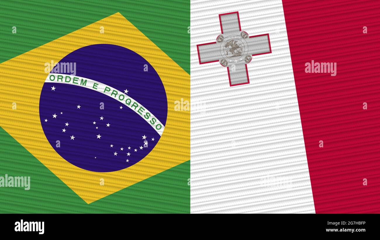 Malta und Brasilien zwei Half Flags zusammen Stofftextur Illustration Stockfoto