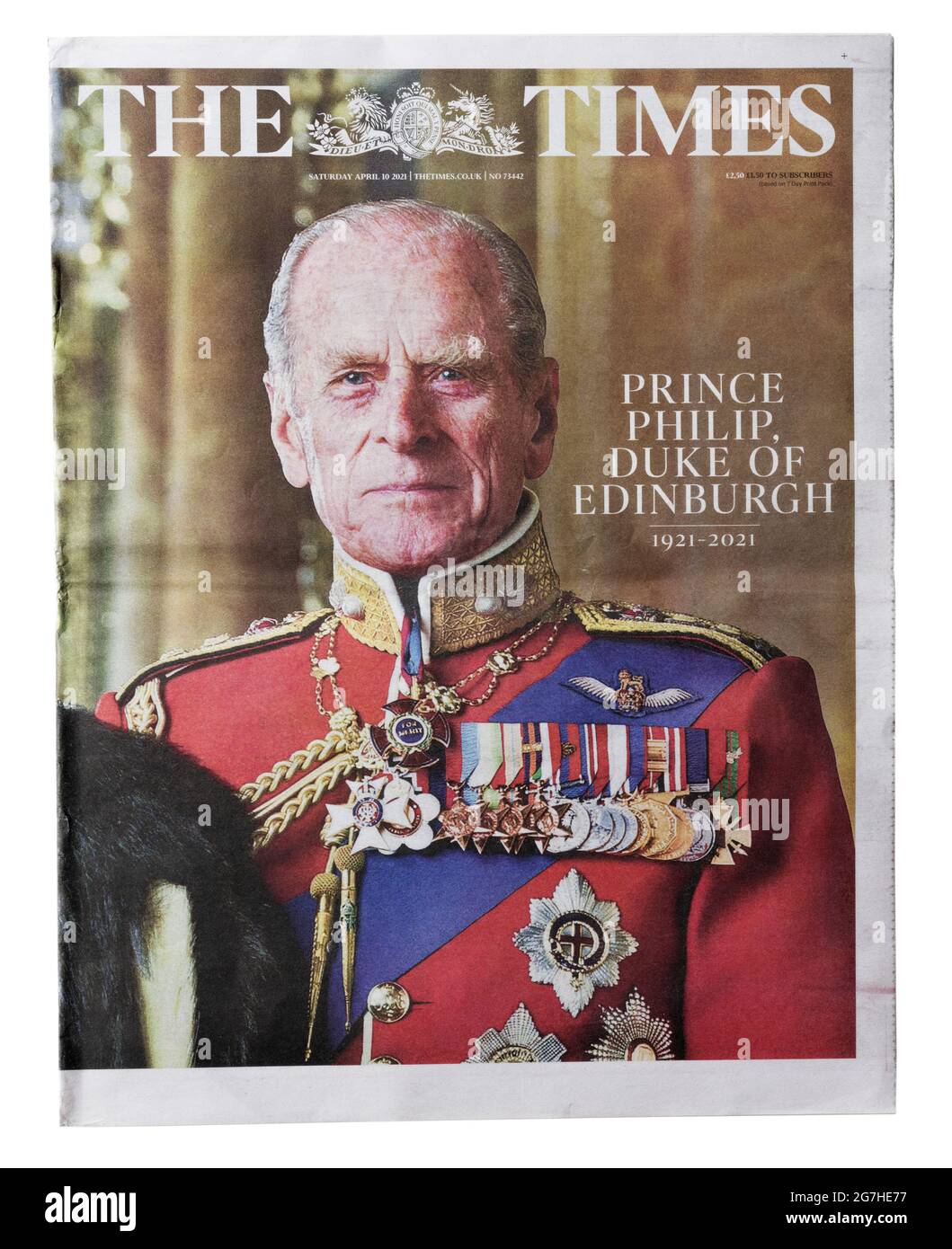 Die Titelseite der Times mit dem Tod von Prinz Philip am 9. April 2021 Stockfoto