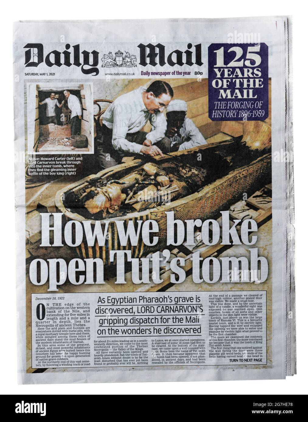 Eine historische Reproduktion Titelseite der Daily Mail mit der Überschrift wie wir das Tutgrab aufbrachen, über die Entdeckung von Tutenchamuns Grab im Jahr 1922 Stockfoto