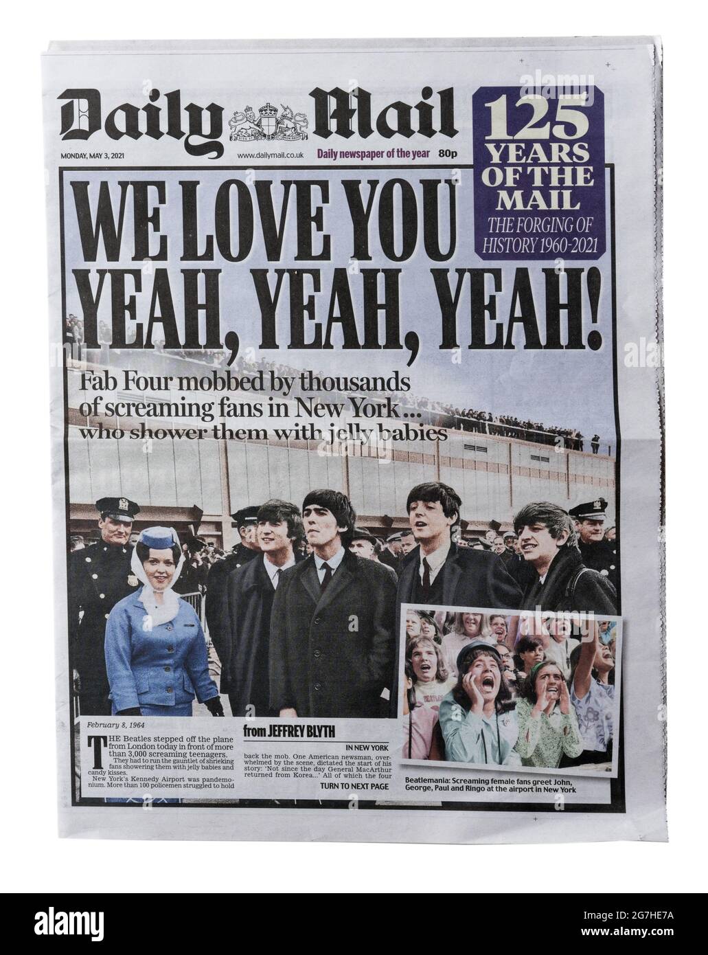 Eine historische Reproduktion Titelseite der Daily Mail mit der Überschrift We Love You Yeah Yeah Yeah, über die Beatles in New York Stockfoto