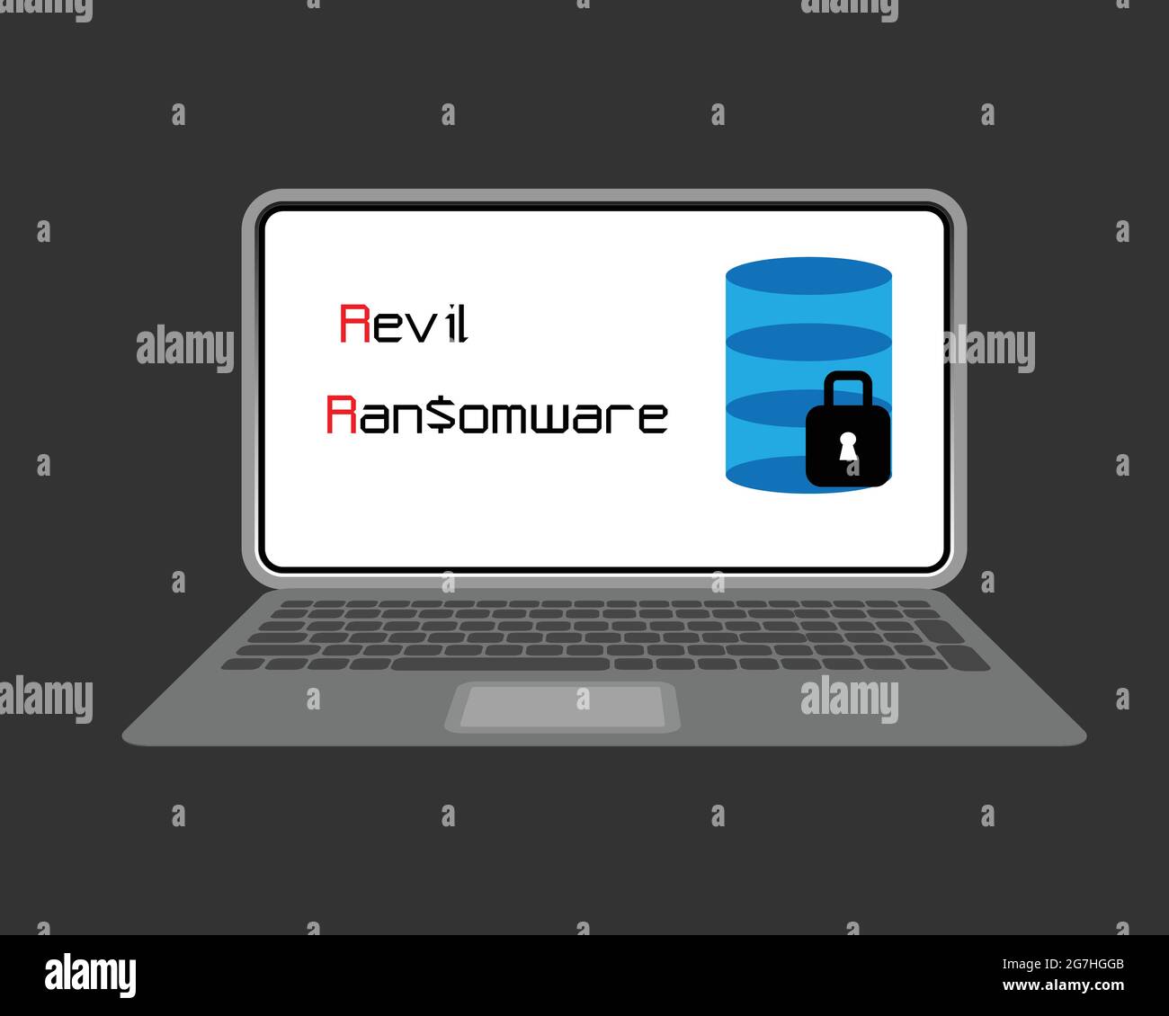 Revil ist eine Art von Software, die als Dienste bei der Angriffe auf ungeahnte Opfer. Cyber-Sicherheitskonzept. Stock Vektor