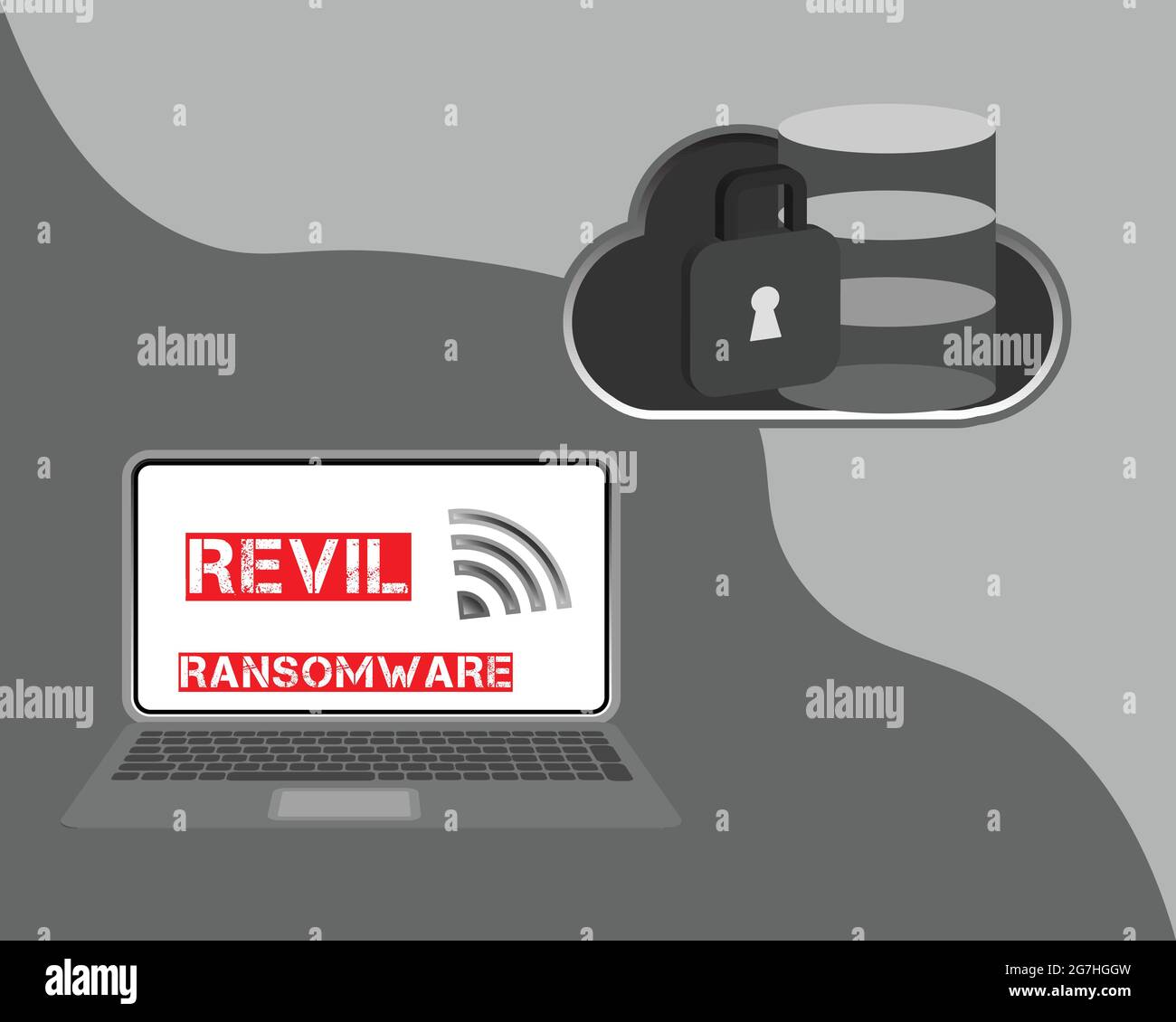 Revil ist eine Art von Software, die als Dienste bei der Angriffe auf ungeahnte Opfer. Cyber-Sicherheitskonzept. Stock Vektor