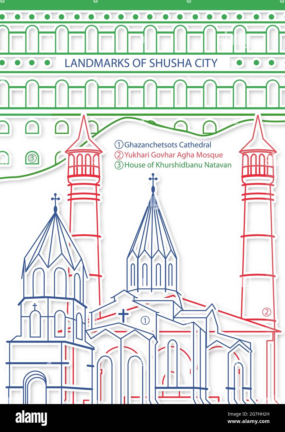 Shusha Stadt Aserbaidschan beliebte Wahrzeichen und Ruinen Linie Kunstplakat in Flaggen Farben Stock Vektor