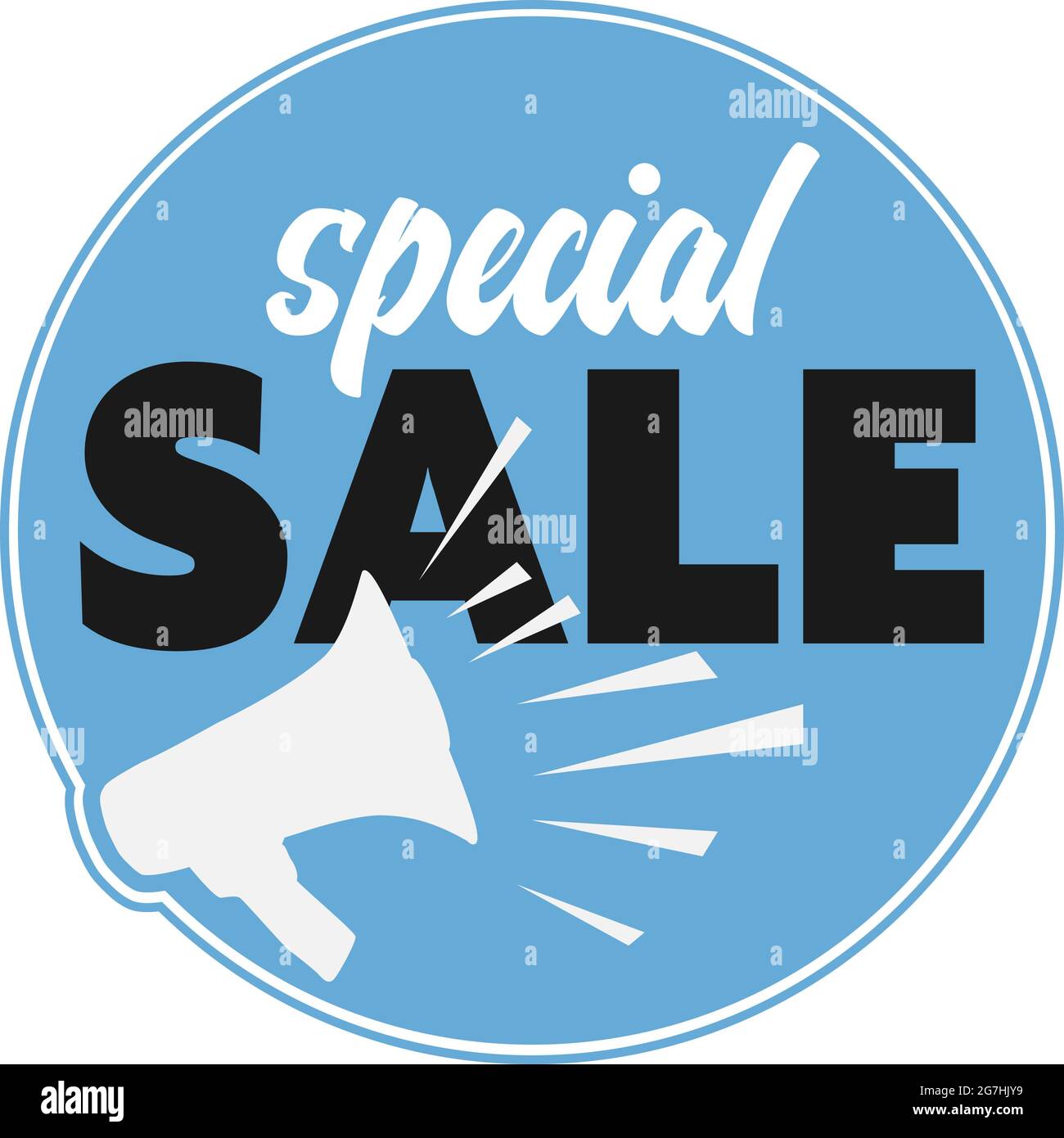 Runde SPEZIELLE VERKAUF Ankündigung Aufkleber oder Schild mit Megaphon, Vektor-Illustration Stock Vektor