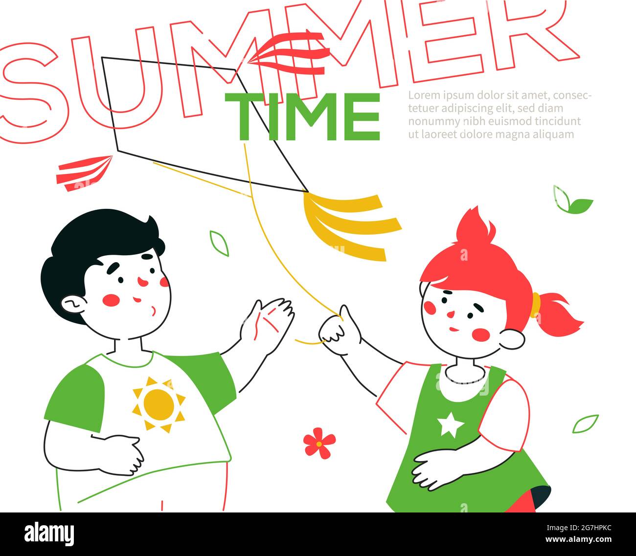 Glückliche Kinder fliegen einen Drachen - bunte Linie Design-Stil Banner mit Comic-Figuren. Bunte Bild mit fröhlichen Kindern, Mädchen und Jungen Spaß haben Stock Vektor