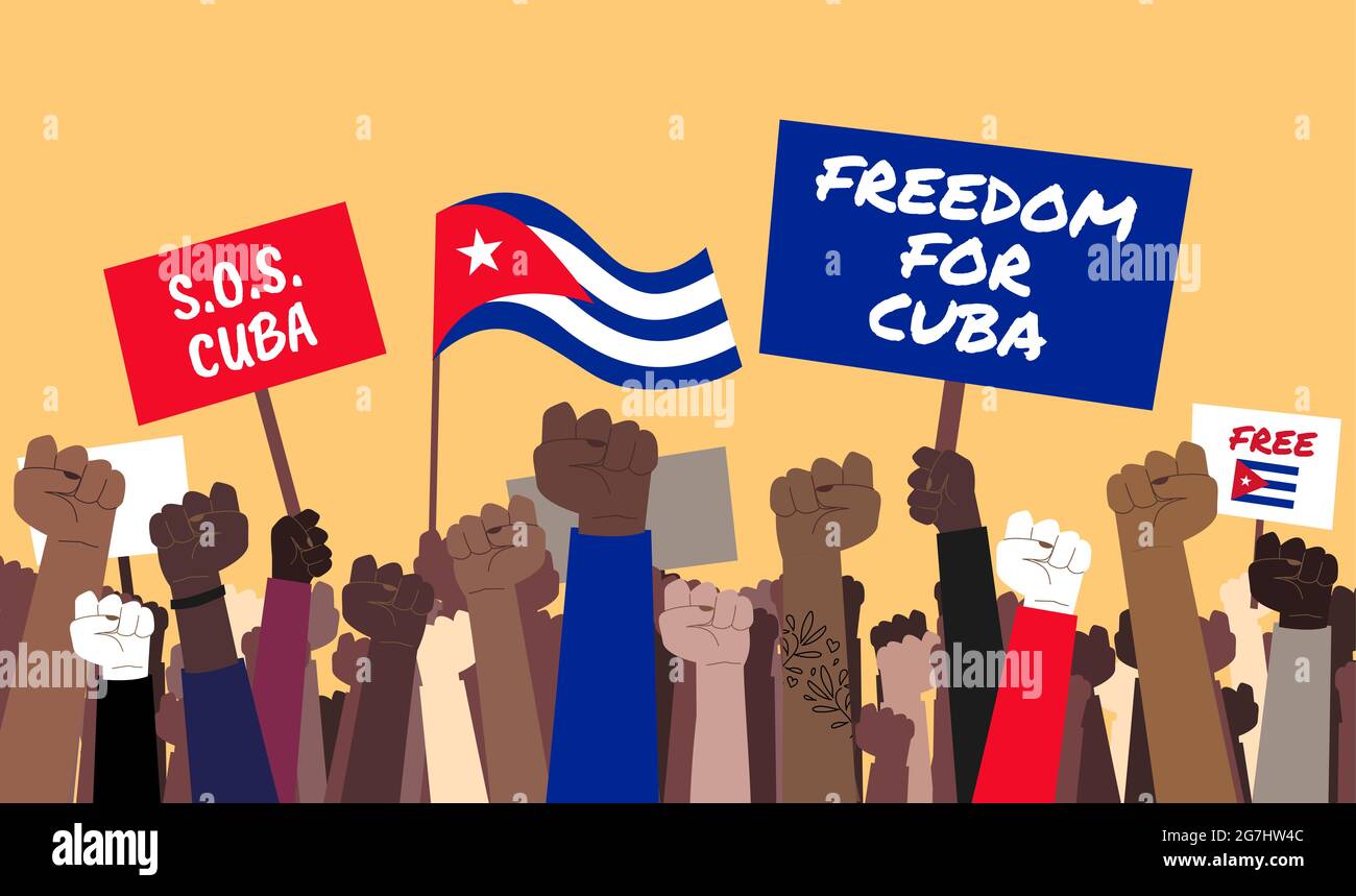 Stock Illustration der Menge von kubanischen Menschen mit erhobenen Fäusten protestieren gegen die Regierung. Proteste in Kuba, die für Freiheit und Demokratie kämpfen Stockfoto