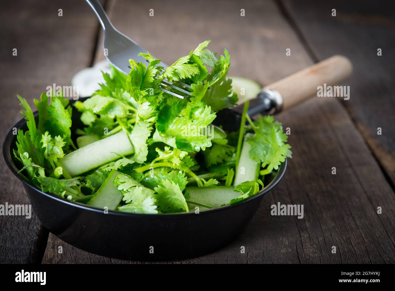 Frischer Koriander Salat, Koriander mit Gurkensalat. Gesunde Ernährung Konzept. Stockfoto