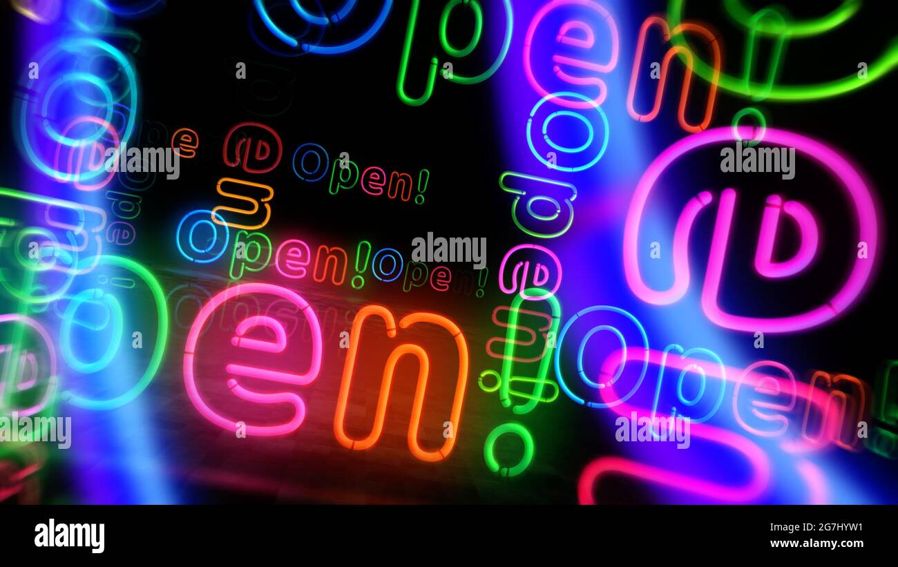 Offenes Neonsymbol. Glühlampen in hellen Farben. Abstraktes Konzept 3d-Illustration. Stockfoto