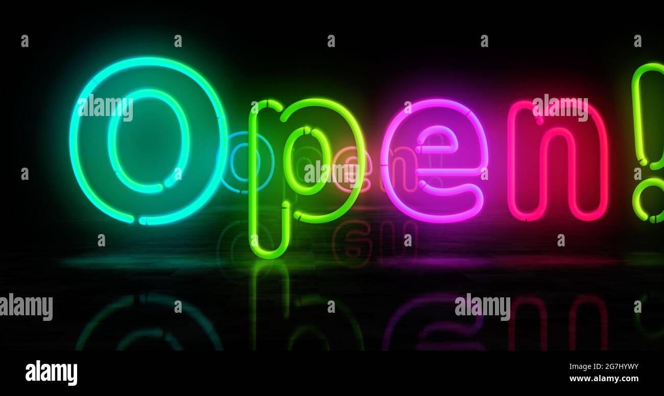 Offenes Neonsymbol. Glühlampen in hellen Farben. Abstraktes Konzept 3d-Illustration. Stockfoto