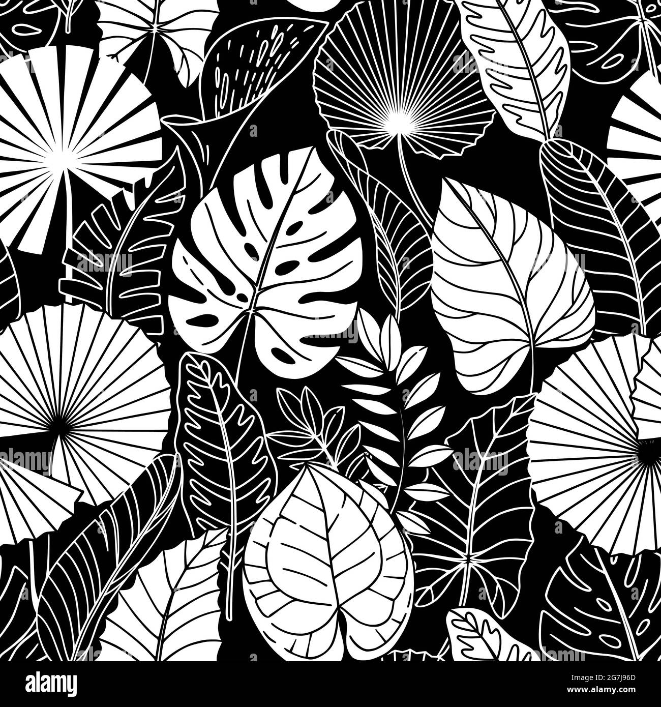 Nahtloses Muster mit weißen tropischen Blättern auf schwarzem Hintergrund. Stock Vektor