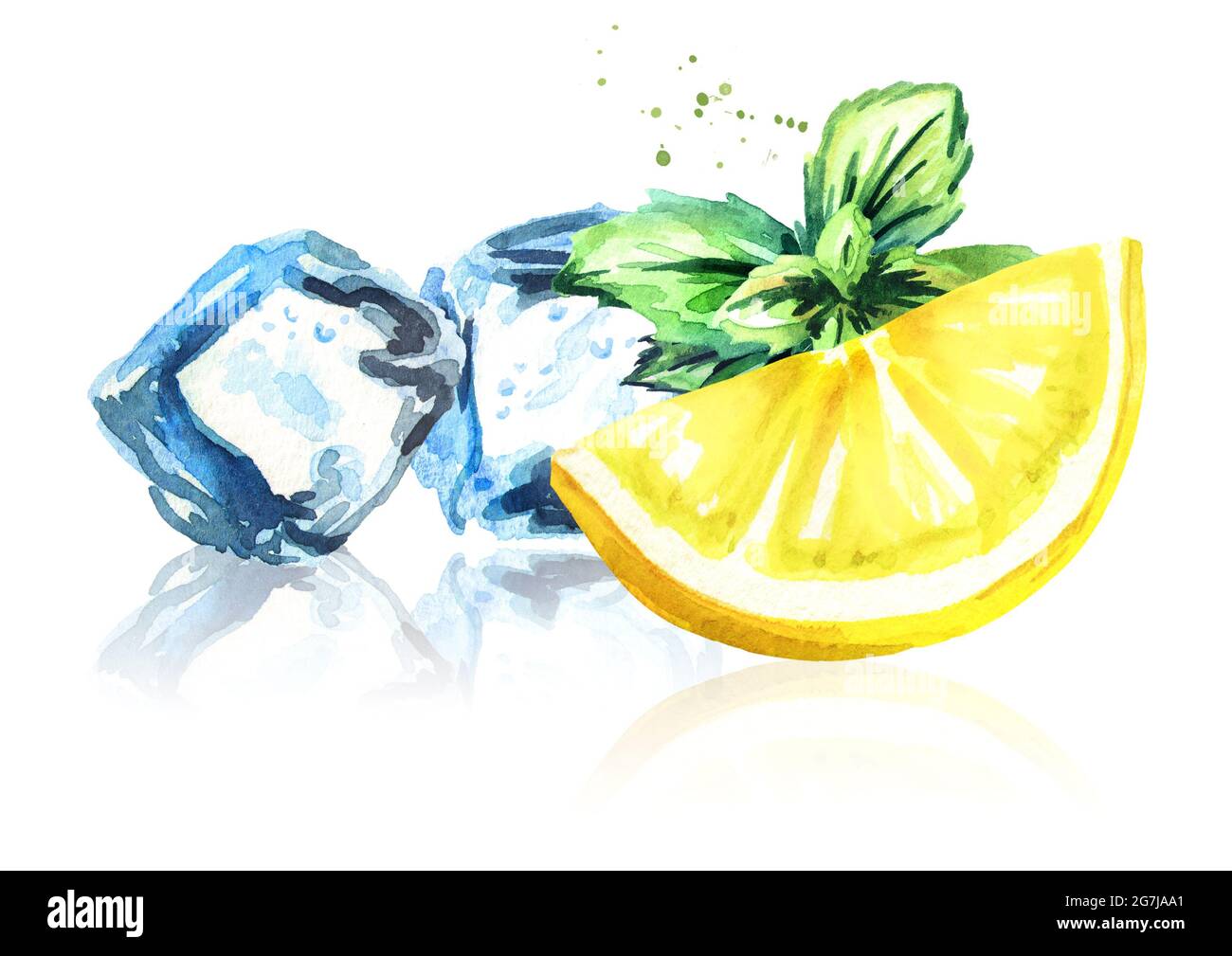 Eiswürfel, Zitronen- und Minzblätter isoliert auf weißem Hintergrund. Aquarell handgezeichnete Illustration Stockfoto