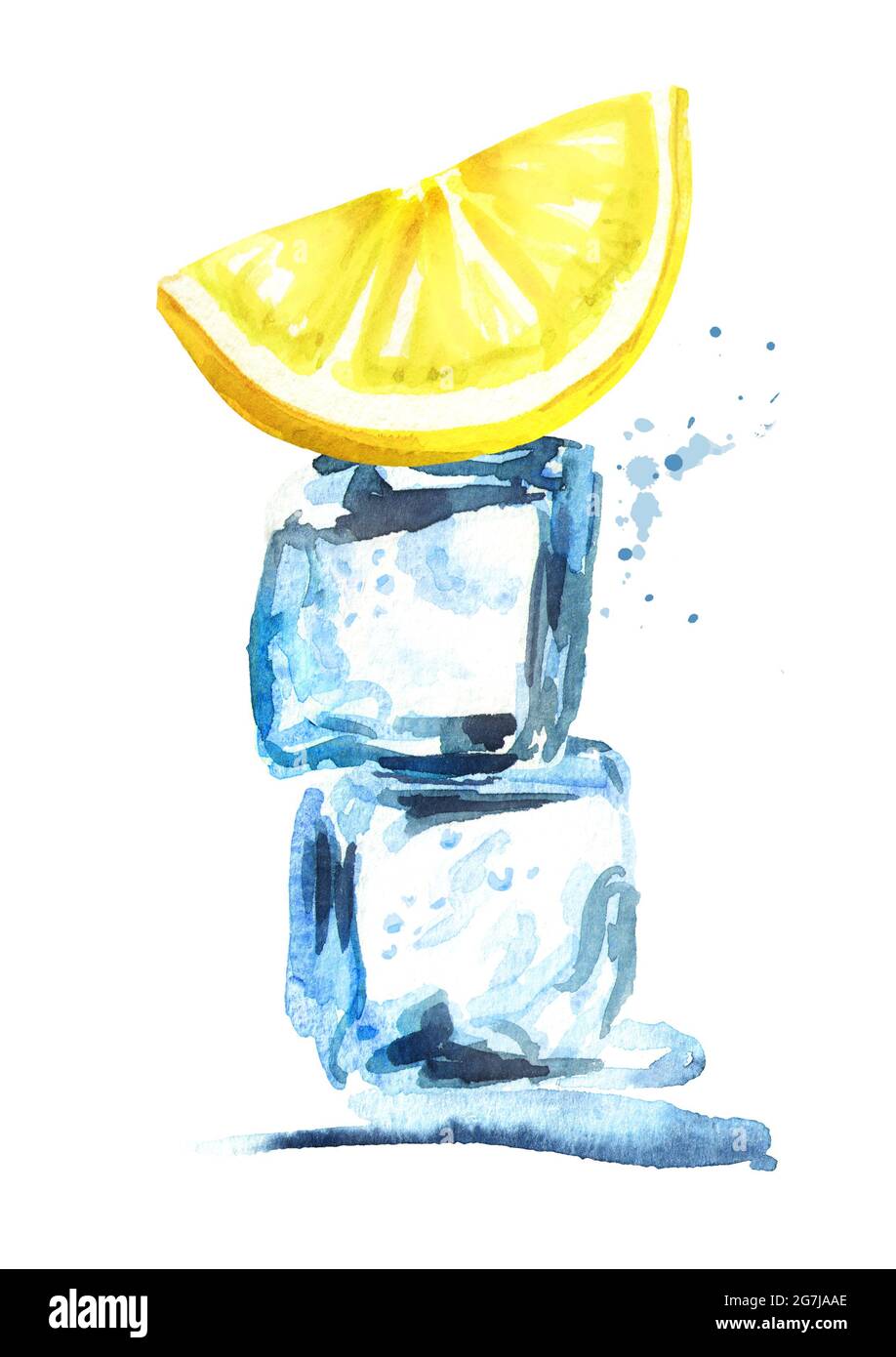 Eiswürfel und vertikale Zitronenzusammensetzung isoliert auf weißem Hintergrund. Aquarell handgezeichnete Illustration Stockfoto