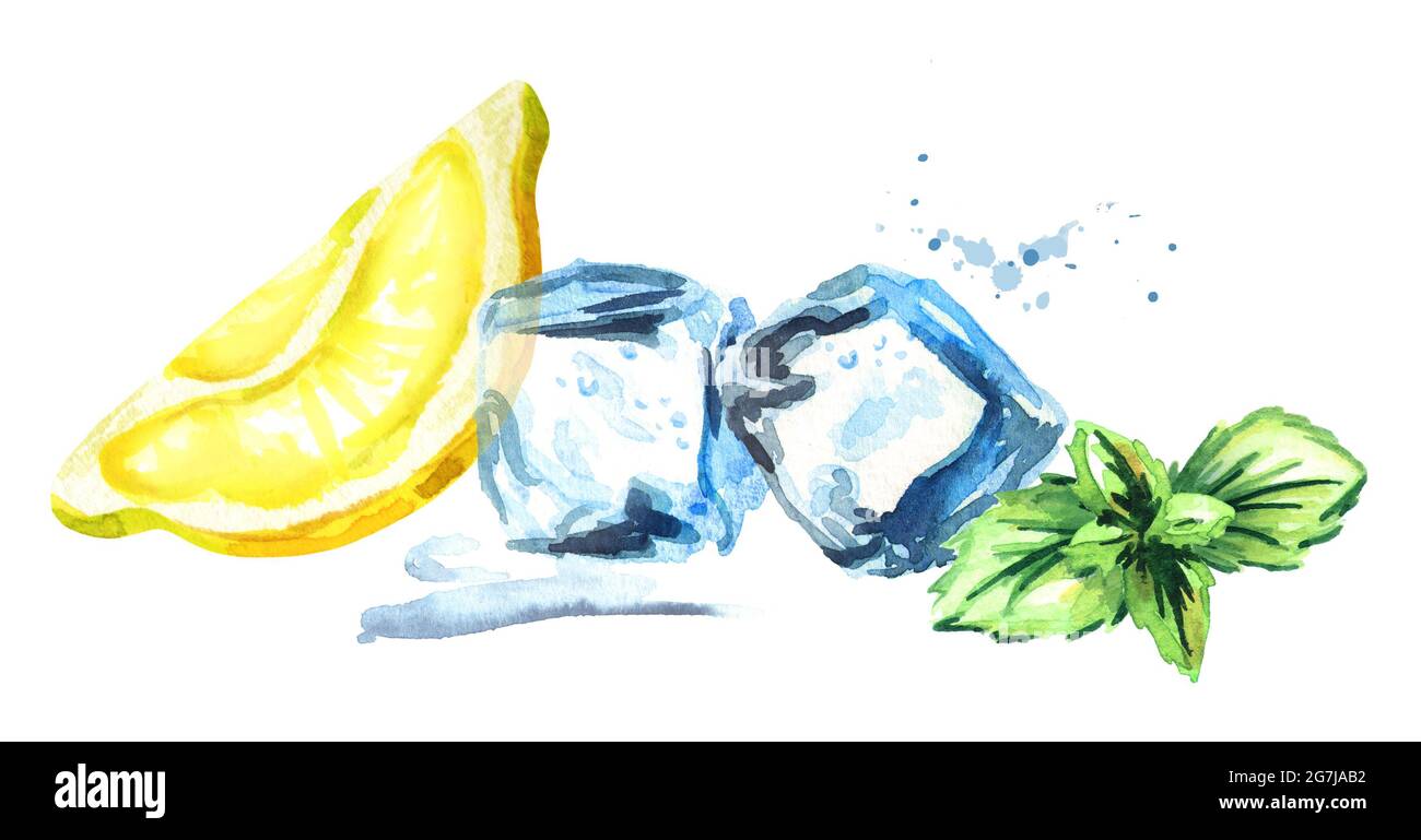 Eiswürfel, Zitronen- und Minzblätter isoliert auf weißem Hintergrund. Aquarell handgezeichnete horizontale Illustration Stockfoto