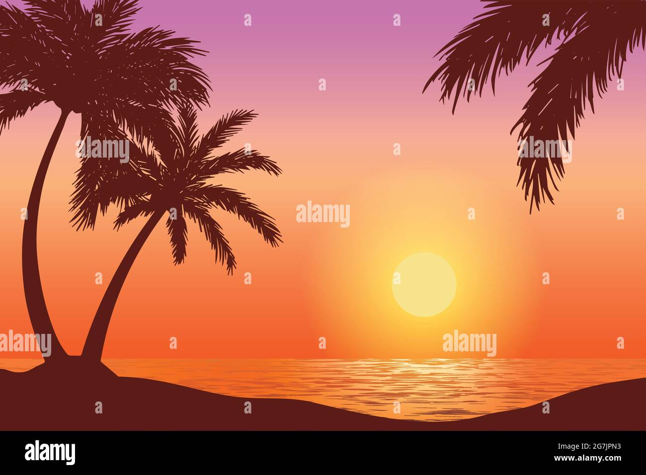 vektor Sonnenuntergang am tropischen Strand, natürliche Landschaft Illustration mit Palmenlandschaft Silhouette Stock Vektor