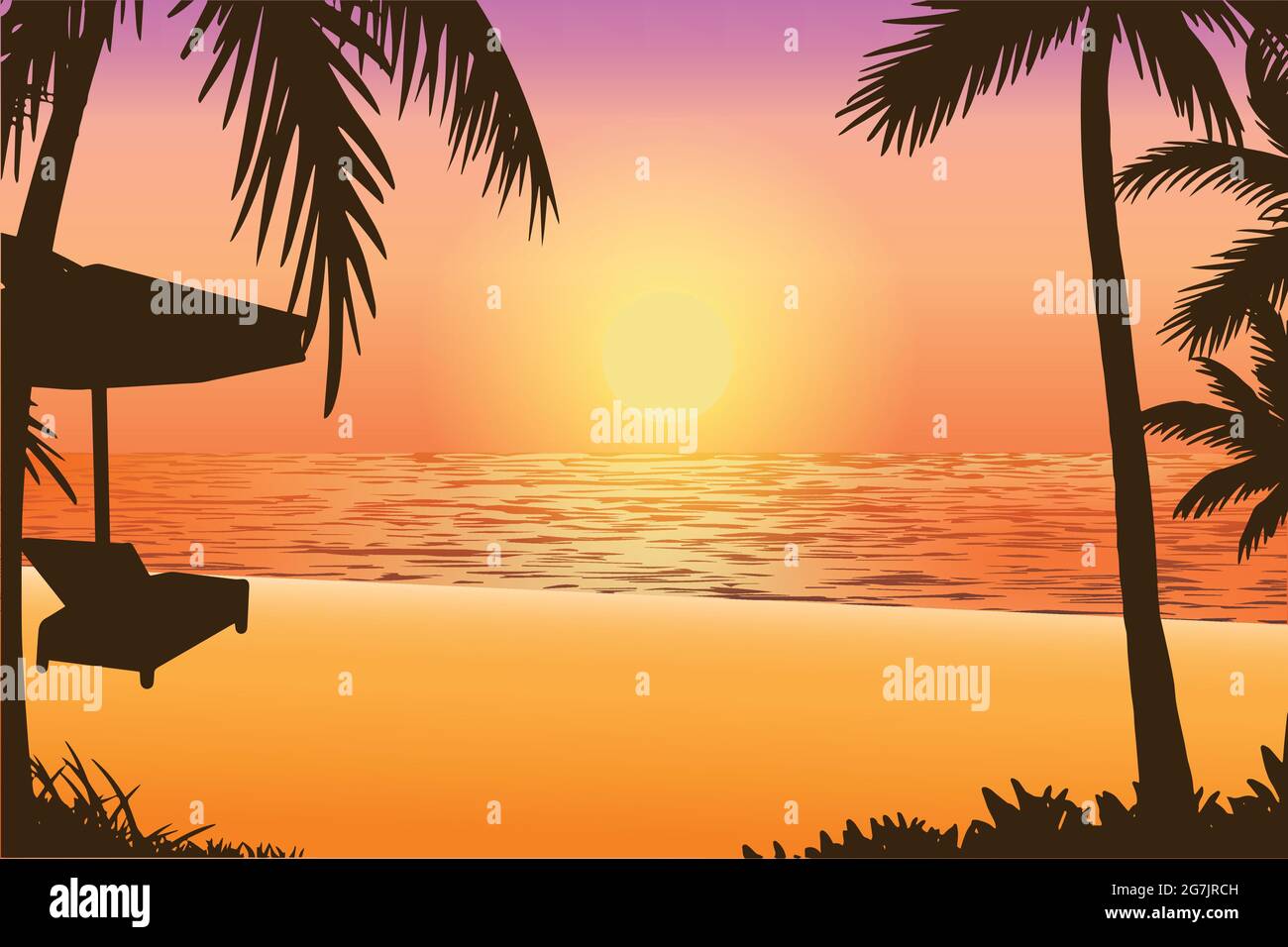 vektor-Illustration der natürlichen Landschaft tropischen Strand Sonnenuntergang Silhouette Stock Vektor