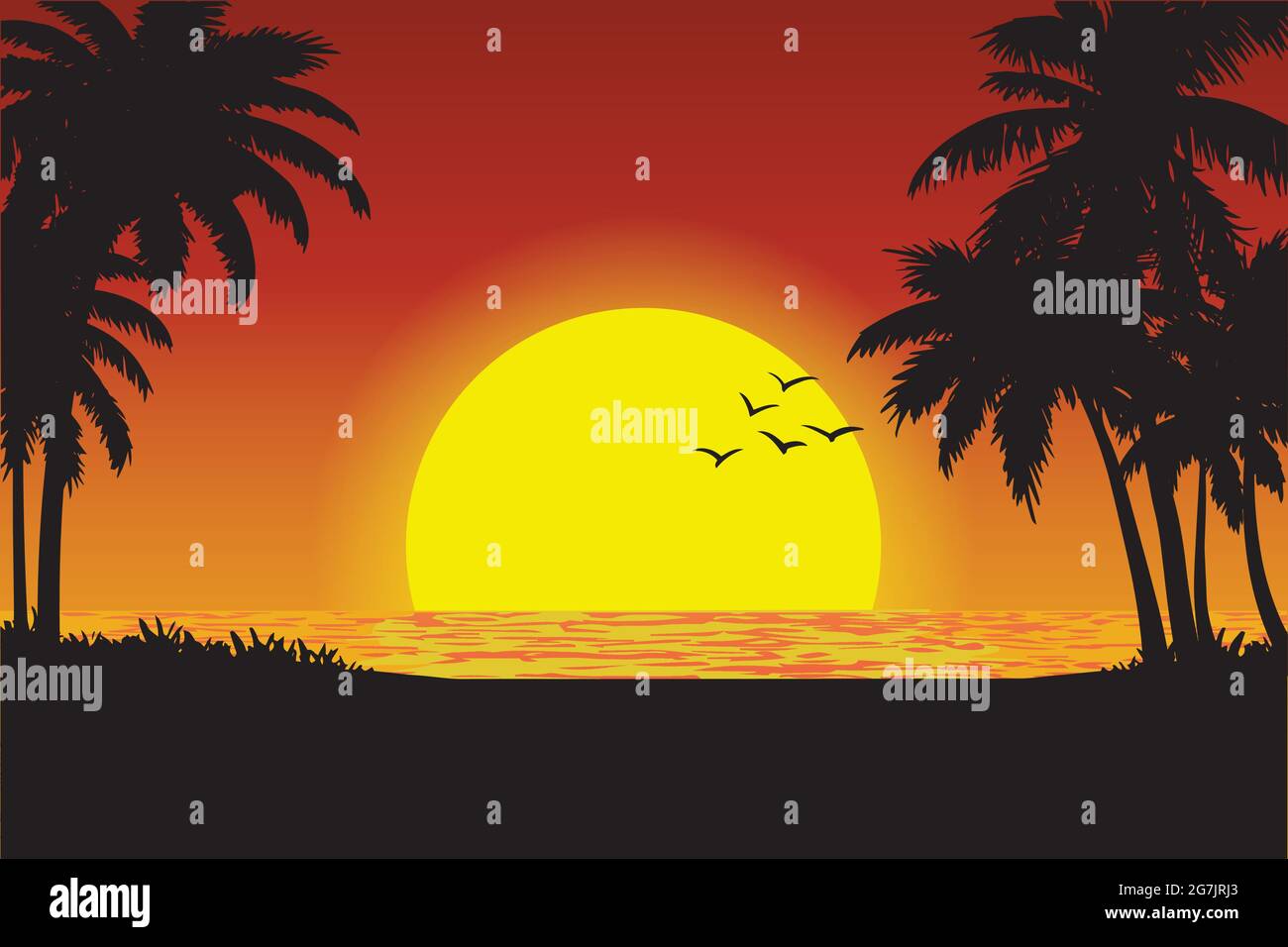 vektordarstellung eines tropischen Sonnenuntergangs am Strand Stock Vektor
