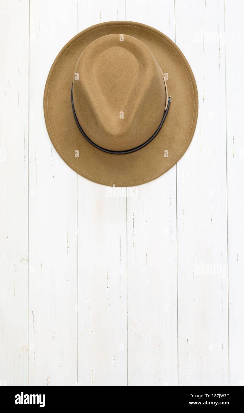 Fedora-Hut aus beigem oder kamelfarbenem Filz, der an einer Wand aus weißen Brettern hängt. Eine trendige, elegante Unisex-Kopfbedeckung. Altmodische stilvolle Mütze mit Stockfoto