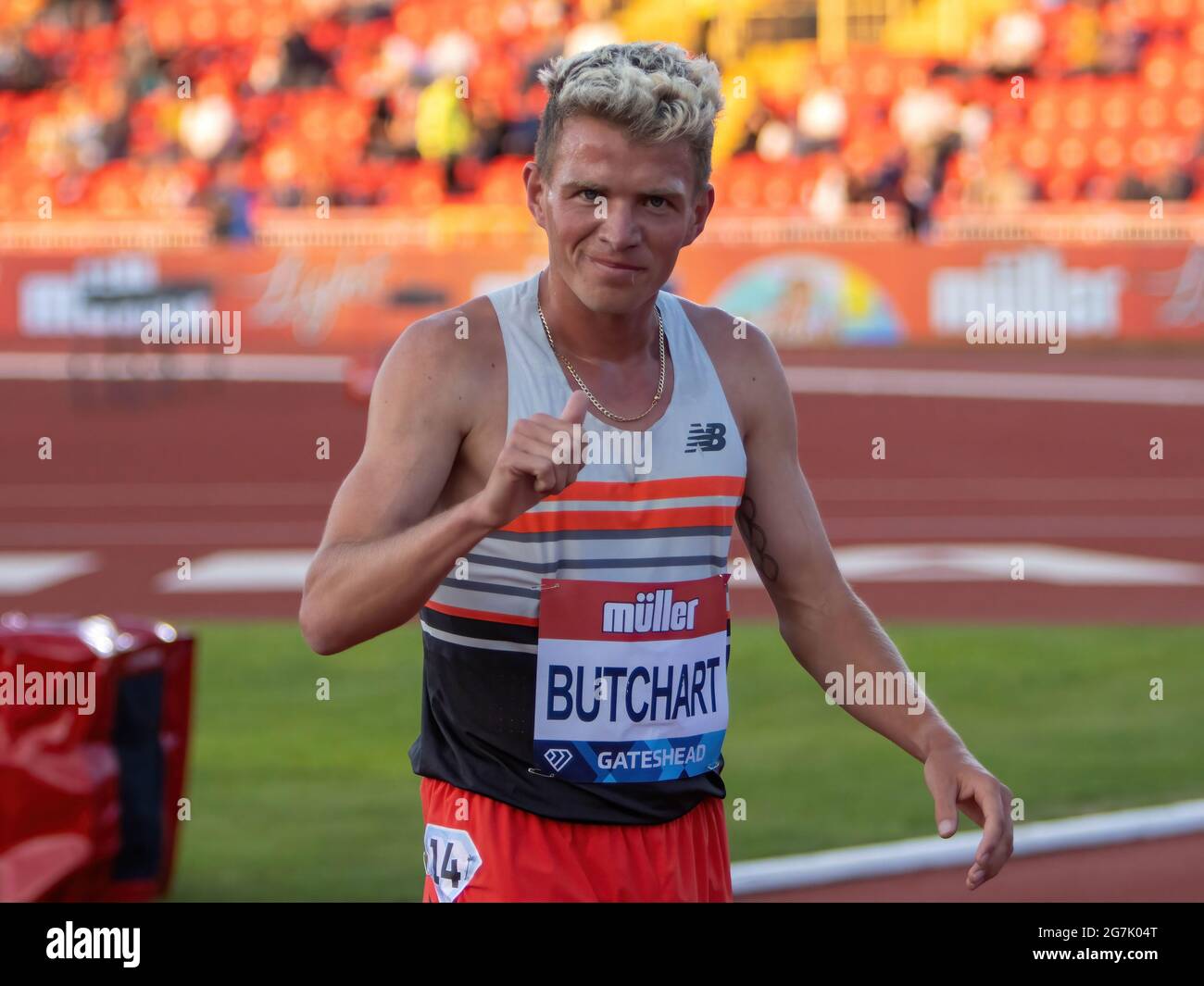 Gateshead, Großbritannien. Juli 2021. Andrew Butchart aus Großbritannien posiert nach dem dritten Platz im 3,000-Meter-Finale der Männer beim Gateshead 2021 Müller British Grand Prix im Gateshead International Stadium. (Foto von Iain McGuinness/SOPA Images/Sipa USA) Quelle: SIPA USA/Alamy Live News Stockfoto