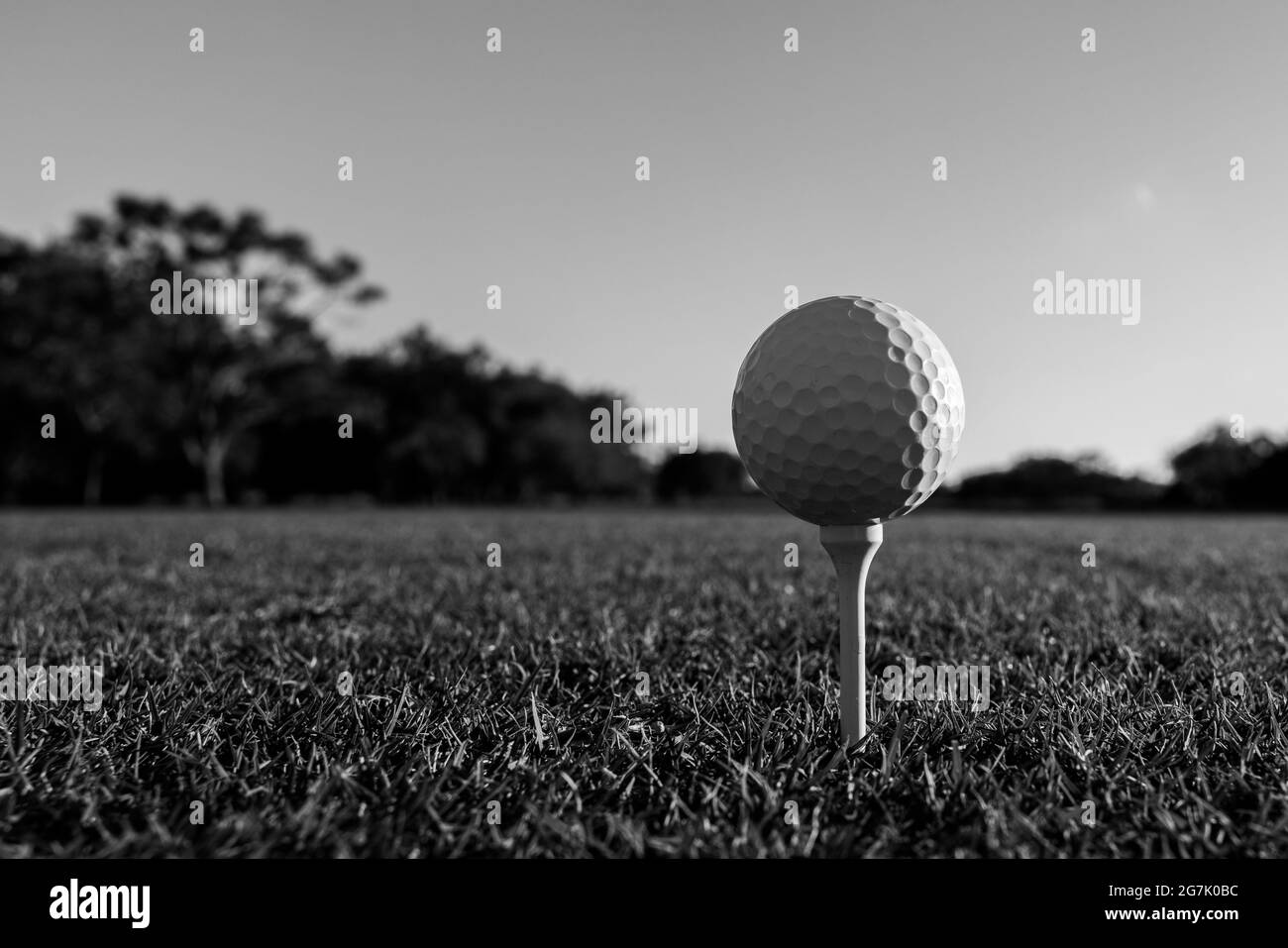 Graustufenaufnahme eines Golfballs auf einem T-Shirt Stockfoto