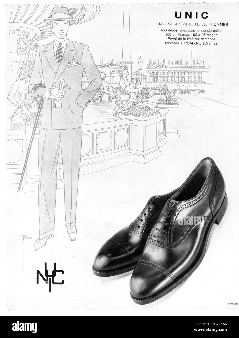 Vintage French 'U N I C CHAUSSURES de LUXE pour HOMMES' Shoes Advertisement (A3+ Plakatqualität, 600 dpi) Stockfoto