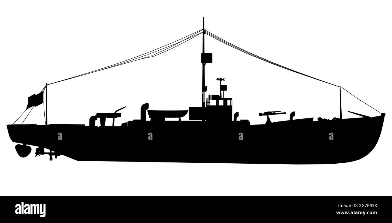 Silhouette eines Militärbootes isoliert auf weißem Hintergrund. Vektorgrafik. Stock Vektor