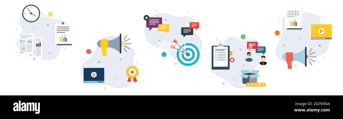 Marketing, Berichte, Werbung, Social Media und Planungs-Icons. Konzepte von Marketingbericht, Werbung und Marketing, Social Media Marketing, Stock Vektor