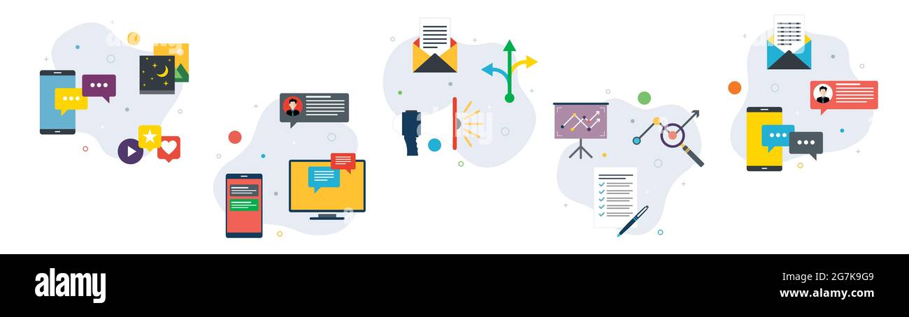 Kommunikation, Marketing Digital, Strategie und Business-Ikonen. Konzepte der mobilen Kommunikation, Marketing Digital, Marketingstrategie und Business ma Stock Vektor