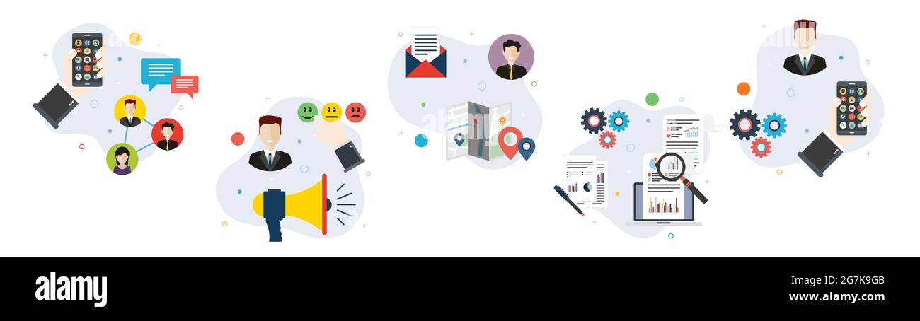 Symbole für Marketing, Kommunikation, soziale Medien, Beziehungen und Kennzahlen. Konzepte von Social Marketing, Relationship Marketing, Proximity Marketing und Stock Vektor