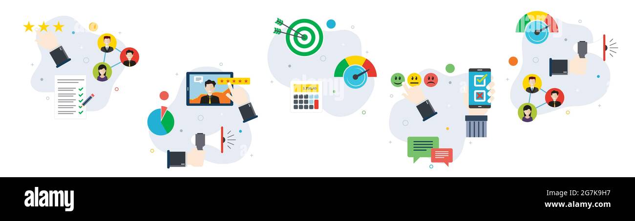 Symbole für Bewertung, Feedback, Kunden, Erfahrungsbericht und Beratung. Konzepte von Kundenreferenzen, Feedback finanziell, Consulting-Investitionen und Bewertung Stock Vektor