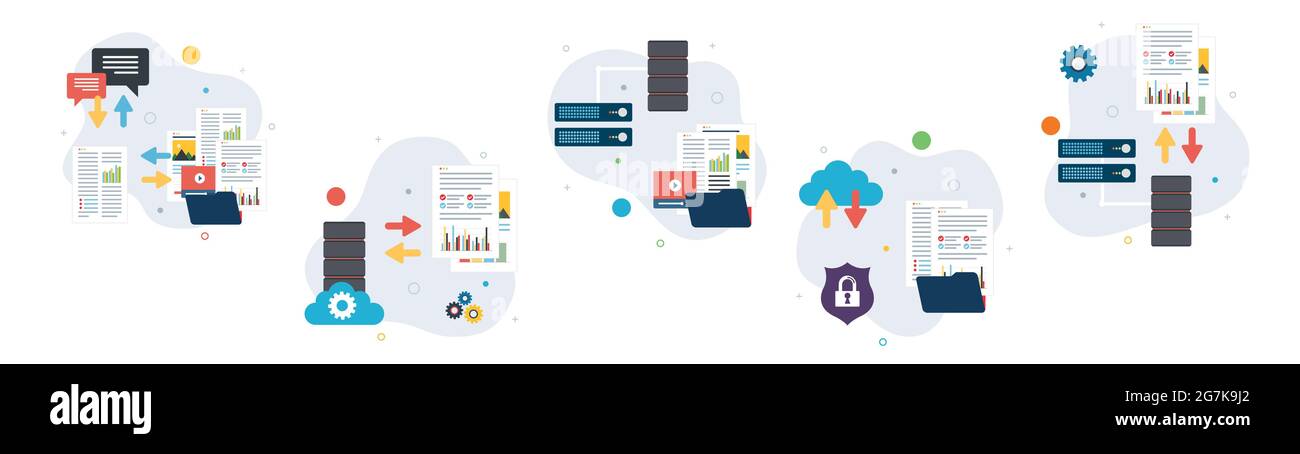 Gemeinsame Nutzung, Daten, Backups, Dokumente und sichere Symbole. Konzepte von mit Dateifreigabe, gemeinsam genutzten Dokumenten, Datensicherung und sicheres Herunterladen von Dateien. Technologie Stock Vektor