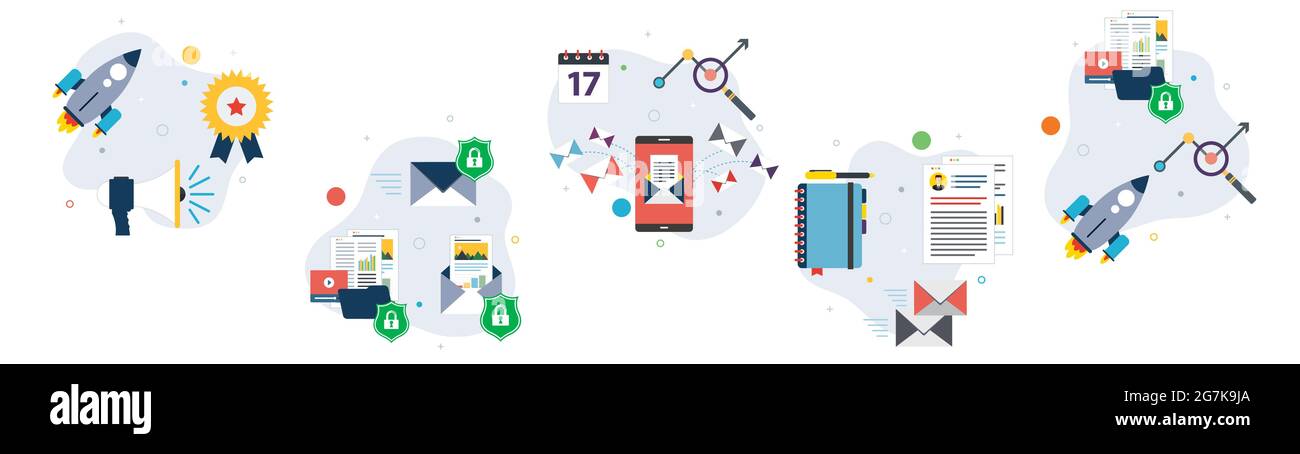 Strategie, Kommunikation, Sicherheit, Marketing und Geschäftsstrategien. Konzepte für Kommunikation, E-Mail-Schutz, mobile Kommunikation und E-Mail-Marketing. Stock Vektor