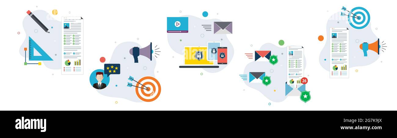 Marketing, Sicherheit, Computer, Kommunikation und Business-Ikonen. Konzepte des digitalen Marketings, Erlebnis- und Sicherheitskommunikation, Schutz-E-Mail ma Stock Vektor