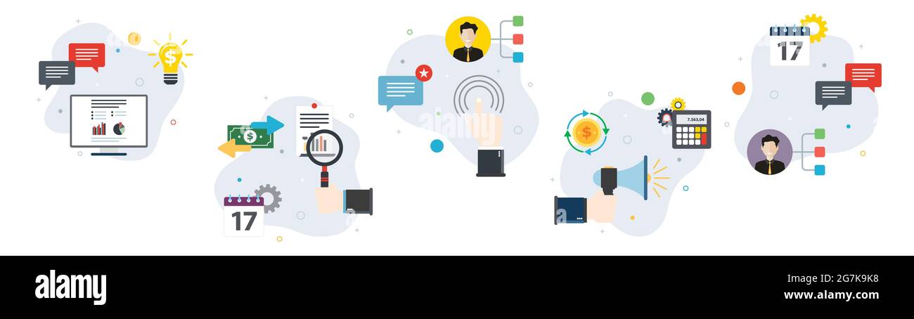 Symbole für Investitionen, Unternehmen, Wachstum, Meetings, Kommunikation und Finanzen. Konzepte für Wachstumsinvestitionen, Analyseinvestitionen, Geschäftstreffen, Kommunikation Stock Vektor