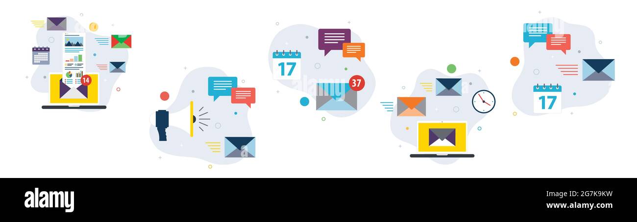 Symbole für E-Mail-Marketing, Kommunikation, Benachrichtigung, Computer und Marketing. Konzepte von E-Mail-Marketing, Internet-Kommunikation, Benachrichtigungs-E-Mail a Stock Vektor