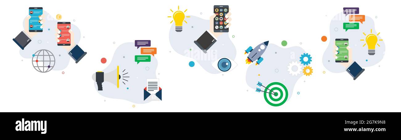 Nachrichten-App, Kommunikation, Innovation, Wettbewerb und Business-Ikonen. Konzepte von Message App, Kommunikation, Innovation digital, Wettbewerb digita Stock Vektor