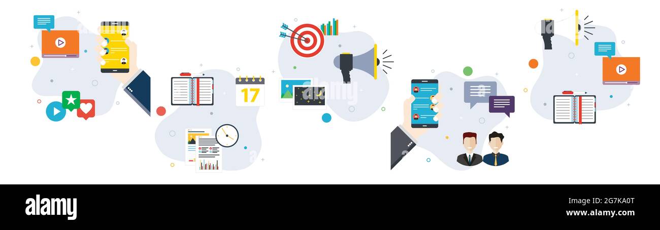 Symbole für soziale Medien, Daten, Kommunikation und Geschäftsverbindungen. Konzepte von Social Media, Datenkommunikation, Kommunikationsdienst, Business connect Stock Vektor