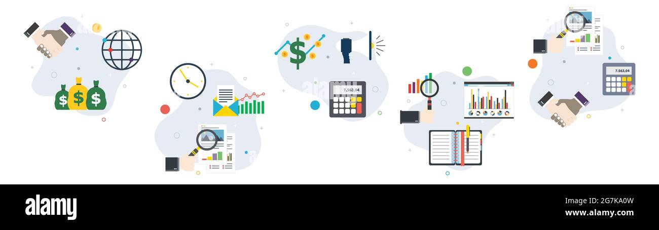 Geschäfts-, Investitions-, Analyse-, Berechnungen- und Tarifsymbole. Konzepte der Unternehmensinvestition, Diagrammanalyse, Kalkulationsrate und Investmentdiagramm. Stock Vektor