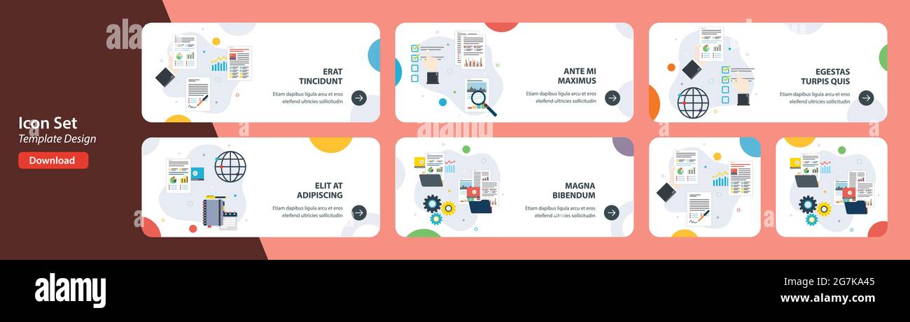 Web-Banner-Vorlage in Vektor mit Symbolen für geschäftliche Unterlagen, Management-Bericht, Papierorganisation, Dateiorganisation. Flache Design-Ikonen in ve Stock Vektor