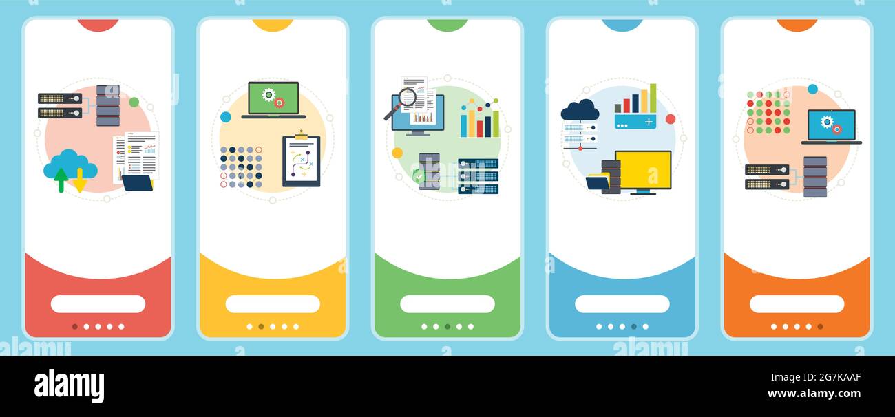 Symbole für Cloud-Daten, Computer, Code, Hosting und Technologie. Konzepte von Cloud-Datenbank, Computercode, Datenhosting und Computertechnologie. Webbanner Stock Vektor